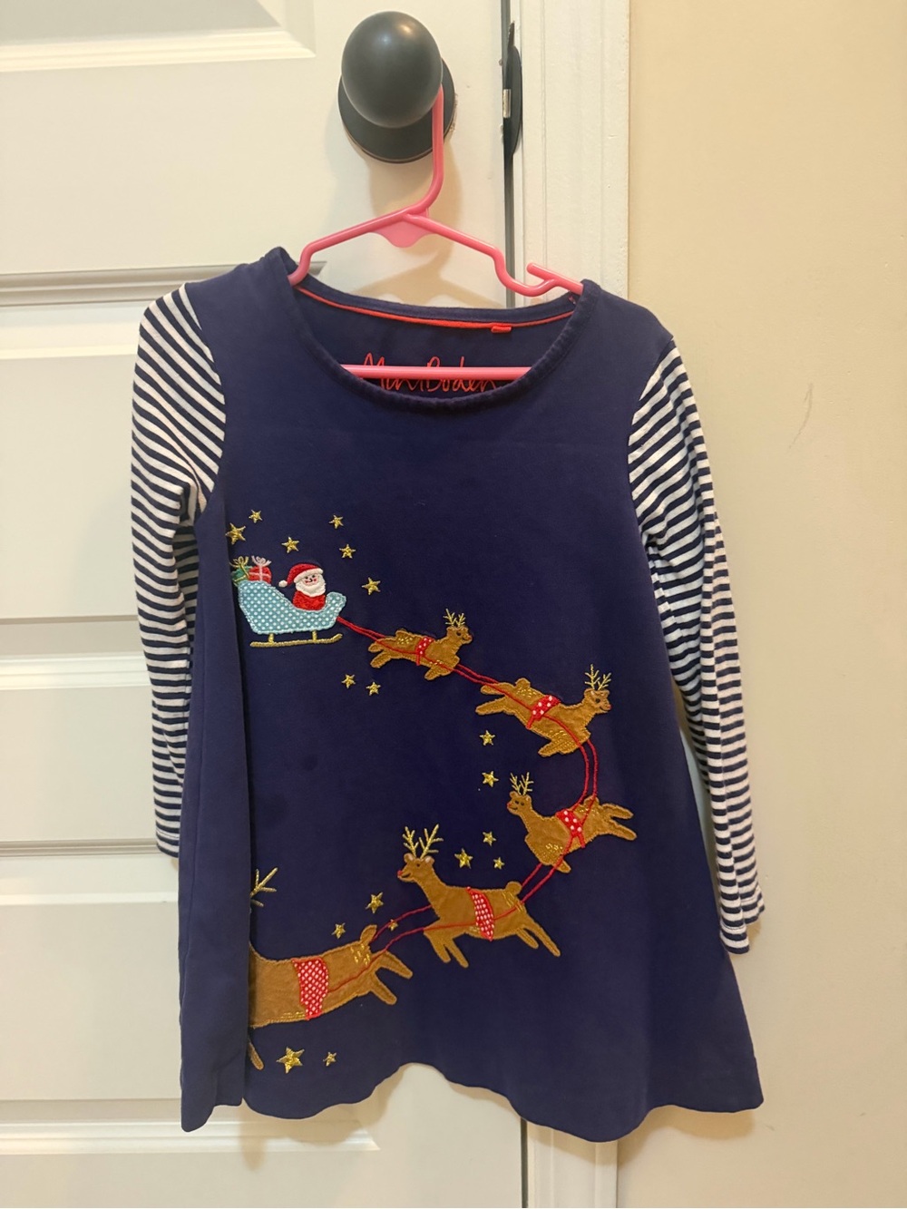 Mini Boden 3/4 Navy Holiday Reindeer Swing Dress with Striped Sleeves